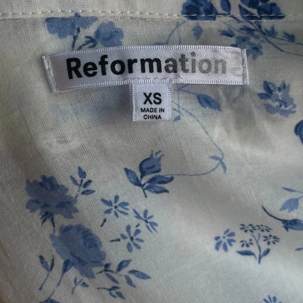 Reformation Cream and Blue Floral Puff Sleeve Blouse